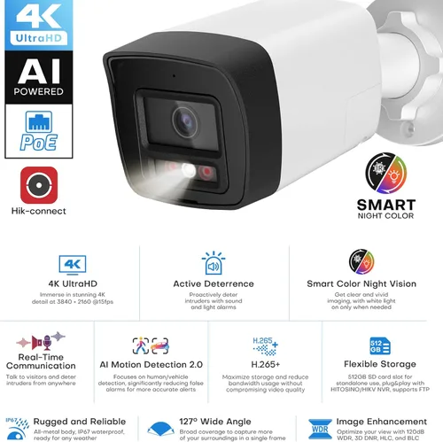 Vista 2 de Cámara Bullet PoE 4K para exteriores, cámara IP disuasoria activa de 8 MP, noche de color inteligente (98 pies), audio bidireccional, detección