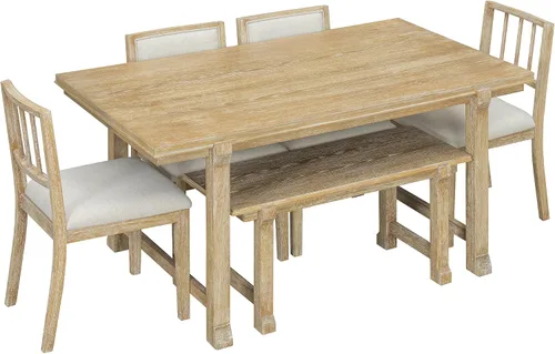 Vista 65 de Juego de mesa de comedor vintage de 6 piezas, juego de mesa de comedor de cocina de madera maciza con 4 sillas ergonómicas acolchadas y banco, mesa