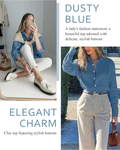 Vista 39 de Odosalii - Camisas con botones para mujer, con cuello en V, manga larga, enrolladas, blusas elegantes y formales para negocios y ocasiones casuales