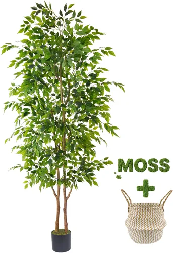 Vista 10 de Warmplants Árbol de ficus artificial, árbol de ficus falso de 4 pies de alto con canasta, planta sintética para interiores y exteriores, hogar, sala