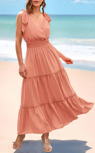 Vista 2 de PRETTYGARDEN Vestido largo de verano con cuello cruzado para mujer, sin mangas, escalonado, con tirantes fruncidos, para la playa, vestido largo