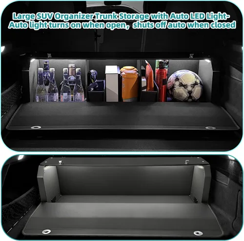 Vista 2 de Organizador de maletero de automóvil con luz LED, organizador de maletero, caja de almacenamiento de cuero plegable, organizadores de automóvil