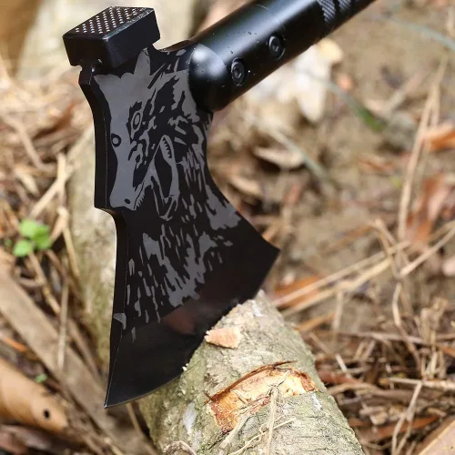 Vista 6 de LIANTRAL Hacha de campamento de supervivencia, hacha táctica plegable con martillo, funda de nailon para aventuras al aire libre