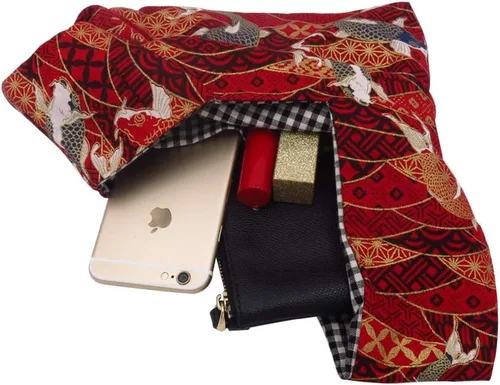 Vista 7 de BAR Elegante bolsa de muñeca de algodón con patrón japonés, bolsa de nudo, bolsa de lona portátil para mujer, mujer