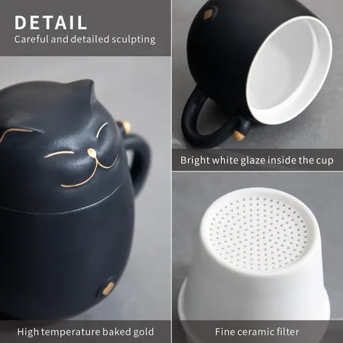 Vista 6 de HEER Taza de té para gatos con infusor y tapa, taza de té de cerámica de hojas sueltas de 10 onzas, regalo para amantes de los gatos para amigos