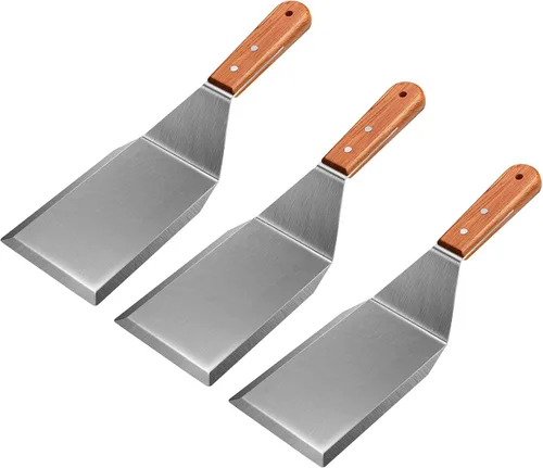 Vista 9 de Espátula para plancha, espátula de metal para sartén de hierro fundido, espátulas de acero inoxidable con mango de madera cómodo, espátula