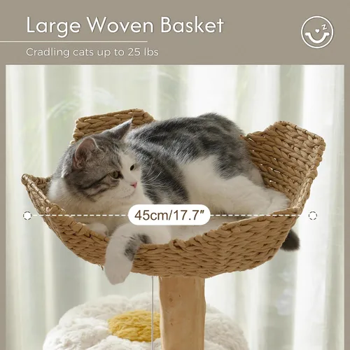 Vista 3 de Árbol para gatos moderno con hamaca de 48.5 pulgadas, torre para gatos con poste para rascar, con poste de madera real, gran cesta de ratán
