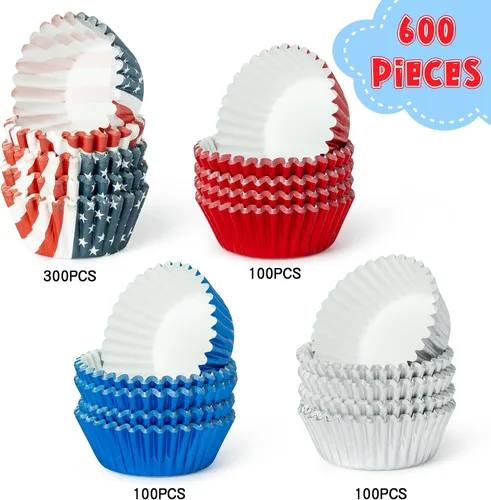 Vista 2 de COcnny America - Bolsas de papel de aluminio para cupcakes, 600 unidades de papel de aluminio para el 4 de julio, envoltorios de papel