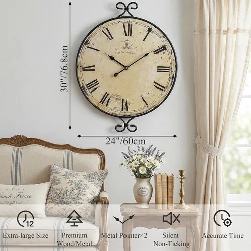 Vista 2 de Reloj de pared de 30 pulgadas para sala de estar, reloj de pared de granja extragrande, marco de hierro forjado con acabado dorado retro, relojes