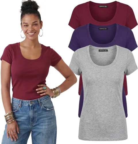 Vista 70 de Emmalise - Camiseta de manga corta para mujer, cuello redondo, estilo básico, pack de valor, tallas junior y grandes