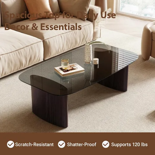 Vista 5 de Mesa de centro moderna de cristal, mesa de centro para sala de estar, tapa de vidrio templado con base de madera resistente, mesas de centro Nogal