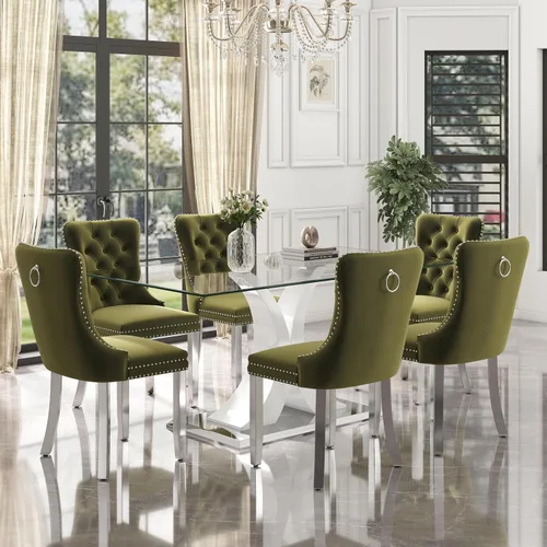 Vista 30 de Juego de comedor de cristal moderno de lujo de 7 piezas, juego de cena rectangular minimalista grande para 6, mesa de cocina de cristal transparente