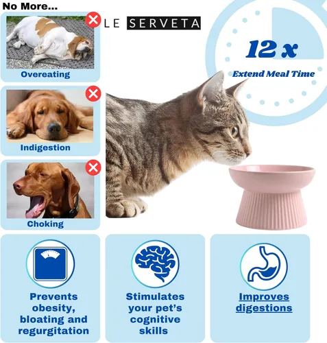 Vista 3 de Cuenco de cerámica para gatos de alimentación lenta, alimentador elevado para rompecabezas, comedero lento para gatos antivómitos, cuenco elevado