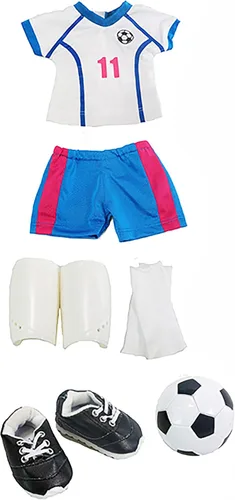 Vista 2 de American Fashion World Uniforme de fútbol rosa y azul para muñecas de 18 pulgadas Juego de 6 piezas Calidad premium y diseño moderno Ropa