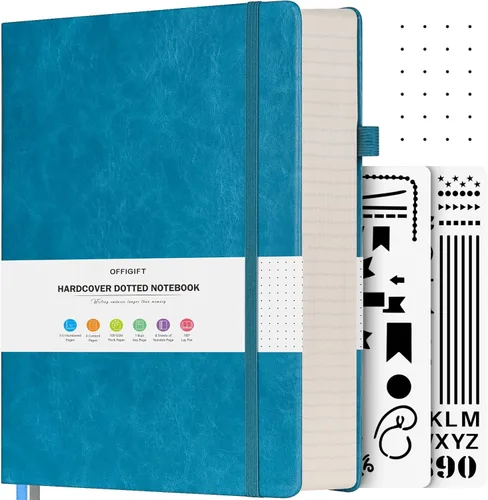Vista 10 de Diario de viñetas punteadas, diario grande de cuero de tapa dura A4, diario grueso de 312 páginas numeradas, cuaderno con cuadrícula de puntos