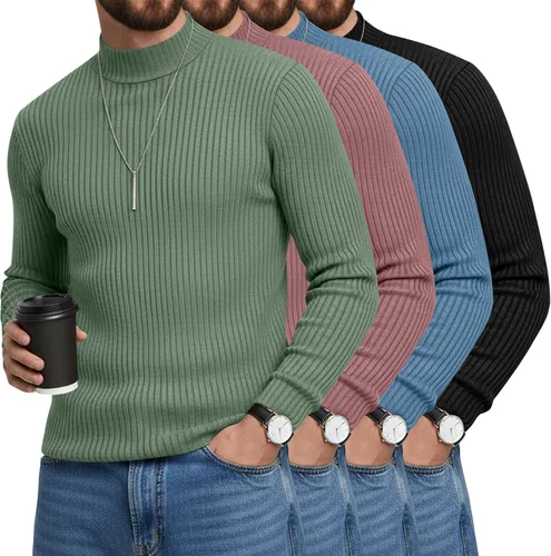 Vista 11 de Paquete de 4 Camisetas de Cuello Alto Simulado para Hombre de Algodón de Punto Acanalado de Manga Larga Pullover Ajustado Casual Suéteres Básicas