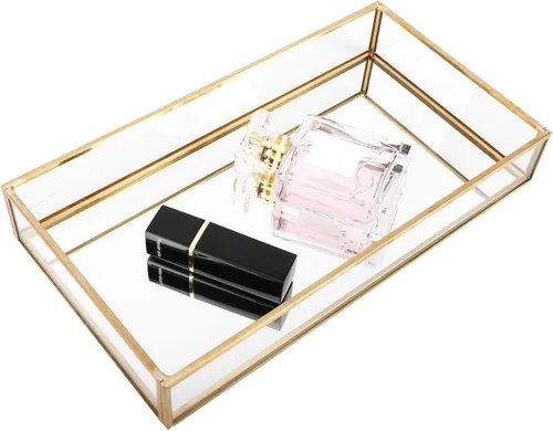 Vista 8 de HighFree Bandeja Rectangular de Espejo Dorado, Bandeja Decorativa de Vidrio con Espejo para Tocador para Perfume, Cosméticos, Maquillaje, Baratijas