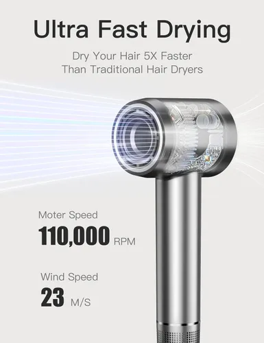 Vista 2 de Secador de pelo iónico negativo de alta velocidad con motor sin escobillas de 11,0000 RPM para secado rápido, secador de pelo profesional