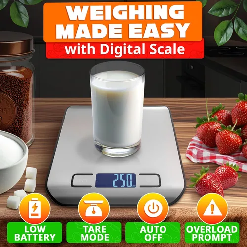 Vista 3 de Báscula de alimentos con sensor de 4 puntos – Báscula de cocina digital de peso gramos y onzas, libras, ml, leche ml con pantalla LCD, carga de 22
