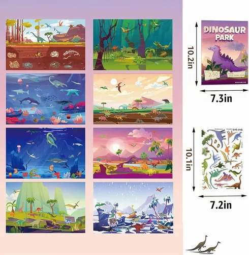 Vista 3 de Libro de calcomanías de dinosaurios para niños, más de 230 calcomanías y 8 escenas, parque de dinosaurios, libro de actividades lado a lado