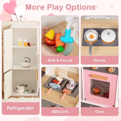 Vista 4 de HONEY JOY Juego de cocina para niños, cocina de madera 3 en 1 para niños pequeños, refrigerador y parrilla de barbacoa, campana extractora, estante
