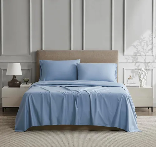 Vista 8 de Linen Closet Sábana bajera ajustable de 100% algodón solamente - Tamaño Full, azul - Tejido de percal nítido, fresco y transpirable, bolsillo