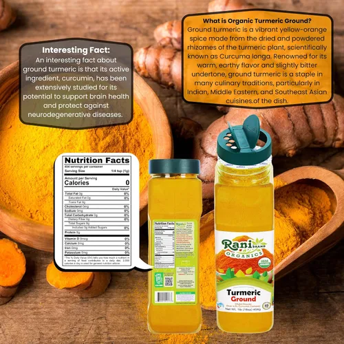 Vista 2 de Rani Polvo de Especias de Raíz de Cúrcuma Orgánica (Haldi), (Alto Contenido de Curcumina) 16oz (1lb) 454g Frasco PET ~ Todo Natural Vegano Apto