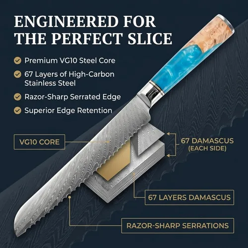 Vista 3 de Tidal Blue - Cuchillo para pan de 8" - Damasco