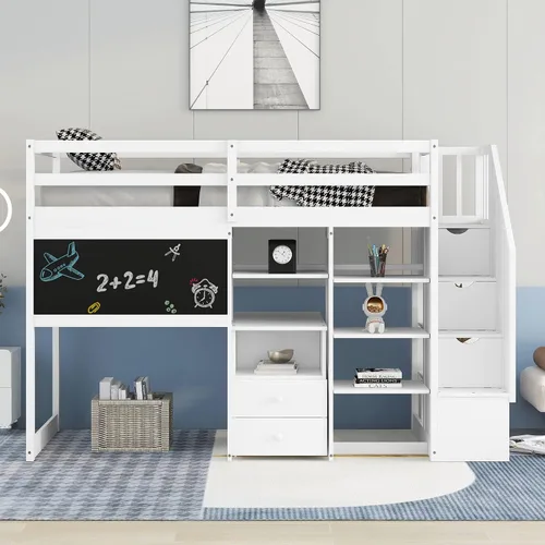 Vista 38 de Cama loft multifuncional de tamaño matrimonial con escritorio integrado, 6 cajones de almacenamiento y estante, marco de cama de madera con escalera