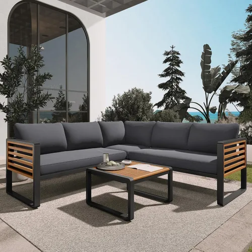 Vista 13 de KLMM Sofá modular de madera de acacia en forma de L para patio con cojines extraíbles y mesa auxiliar, juego de conversación al aire libre con mesa