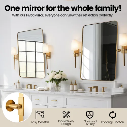 Vista 2 de Espejo giratorio Moon Mirror de oro cepillado, espejo inclinable de latón para tocador rectangular para baño, medidas totales 24.33 x 28 pulgadas
