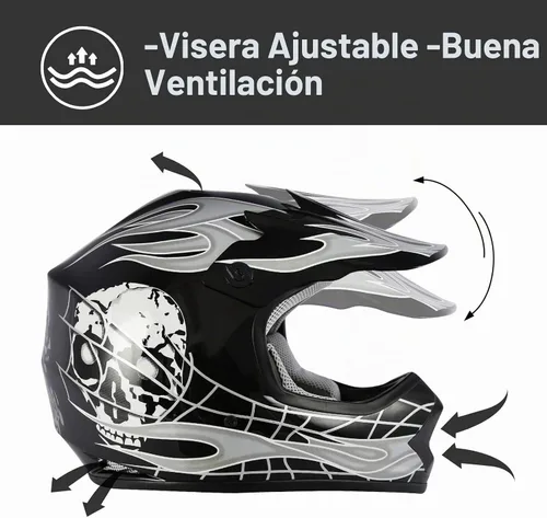 Vista 7 de TCMT Dot - Casco de motocross para niños y jóvenes con gafas y guantes Negro (Black Skull)