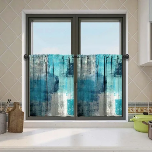 Vista 15 de MCALK Cortinas opacas azules para cocina, cenefas para ventanas, arte abstracto moderno para sala de estar (juego de niveles de 36 pulgadas)