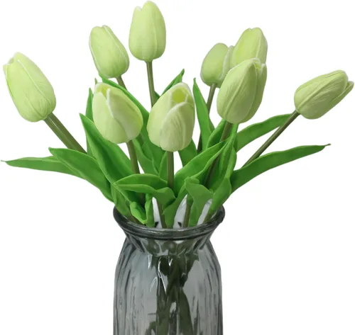 Vista 11 de Flores artificiales, 10 cabezas, mini tulipán artificial de tacto real para decoración del hogar, boda, fiesta, centro de mesa (negro)