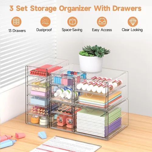 Vista 6 de Organizador de almacenamiento para cajones de maquillaje con 13 cajones, juego de 3 organizadores acrílicos para escritorio de oficina