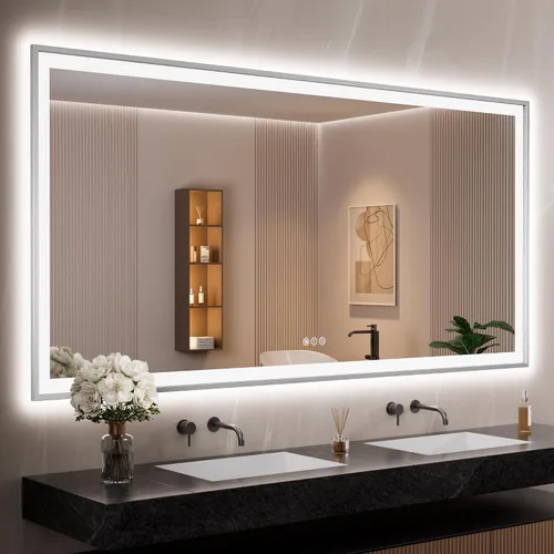 Vista 37 de Espejo de baño LED de 24x28 pulgadas con marco negro, espejos de baño retroiluminados y con luz frontal para pared, antiempañamiento, regulable
