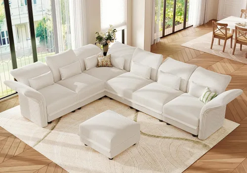 Vista 17 de LLappuil - Sofá seccional en forma de L con almacenamiento, sofás seccionales modulares beige de pana para sala de estar con brazos y respaldos Pana