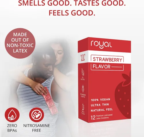 Vista 2 de Royal Preservativos de látex natural ultrafinos con sabor a fresa, lubricado de alta calidad, látex fuerte, no tóxico, orgánico, vegano, delgado