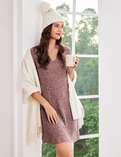 Vista 5 de Ekouaer Camisón de punto acanalado para mujer, camisón de manga corta con cuello en V