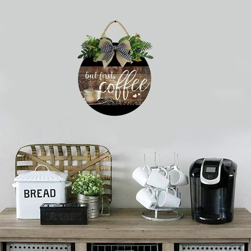Vista 3 de KPSheng Letrero con texto en inglés «But First Coffee», decoración de pared de madera de 11 pulgadas para el hogar, cocina, cafetería
