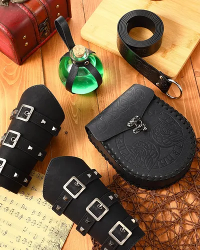 Vista 6 de Ramede 5 piezas de accesorios renacentistas de Halloween, cinturón vikingo medieval en relieve, bolsa de cinturón con hebilla, brazos, botella