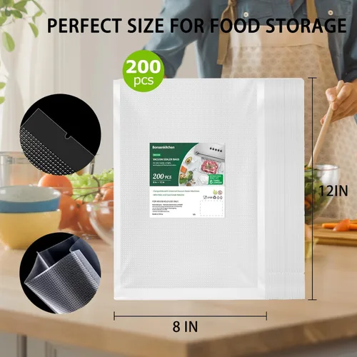 Vista 5 de Bonsenkitchen Bolsas selladoras al vacío, 200 unidades de 8 pulgadas de ancho x 12 pulgadas de alto, sin BPA, grado comercial, bolsas gruesas