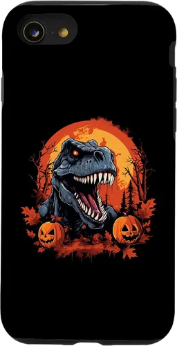 Vista 13 de Carcasa espeluznante de Halloween para iPhone 14, diseño de dinosaurio T Rex calabaza