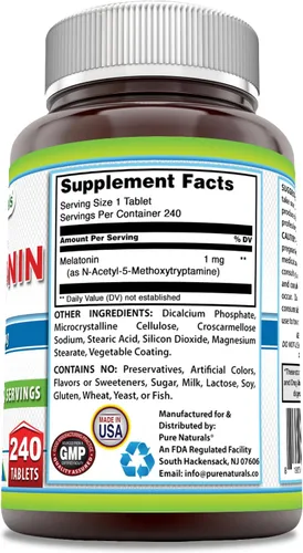 Vista 2 de Pure Naturals Suplemento de melatonina 1 mg por porción 240 tabletas Sin OMG Sin gluten Fabricado en Estados Unidos