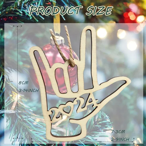 Vista 3 de Adorno de Navidad con texto en inglés «I Love You» ASL, adorno de Navidad, recuerdo de madera, regalo para padre, madre, amor, marido, esposa, hijo