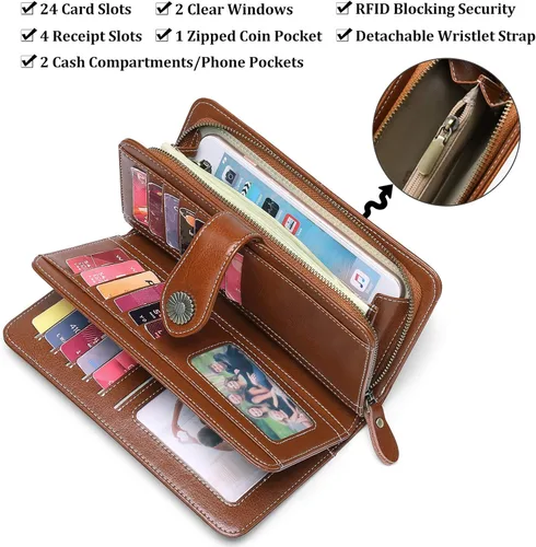 Vista 4 de FALAN MULE Cartera de cuero para mujer, de gran capacidad, bifold, con bloqueo RFID, tarjetero con bolsillo para monedas con cremallera