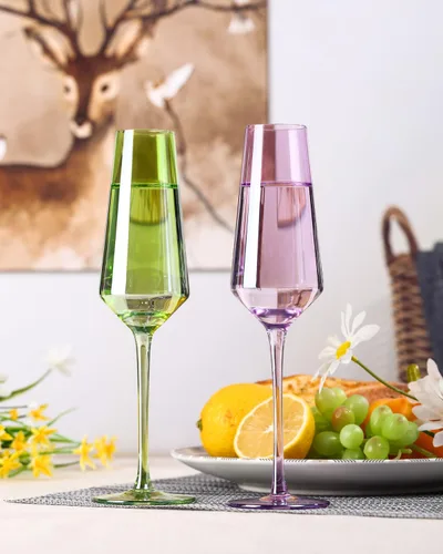 Vista 2 de comfit Juego de 6 copas de champán de colores, vasos de cristal soplados a mano grandes de 8.5 onzas, vasos de colores sin plomo, cristalería