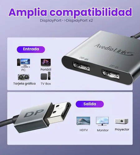 Vista 8 de [Usado] Adaptador divisor Displayport a Dual Displayport 4K @60Hz, adaptador divisor DP 1.4 1 en 2 salidas SST/MST pantalla extendida compatible