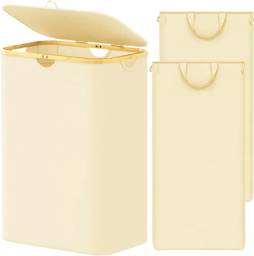 Vista 26 de SpaceAid Cesta de lavandería delgada con ruedas y tapa, cesta de ropa estrecha rodante de 62 litros con mango de bambú, canasta grande para ropa