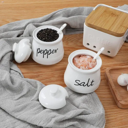 Vista 7 de ONTUBE Cuencos de cerámica para sal y pimienta con tapa y cuchara 12oz (blanco) Ceramic, 12 oz, salt & pepper bowls, lid & spoon, air-tight